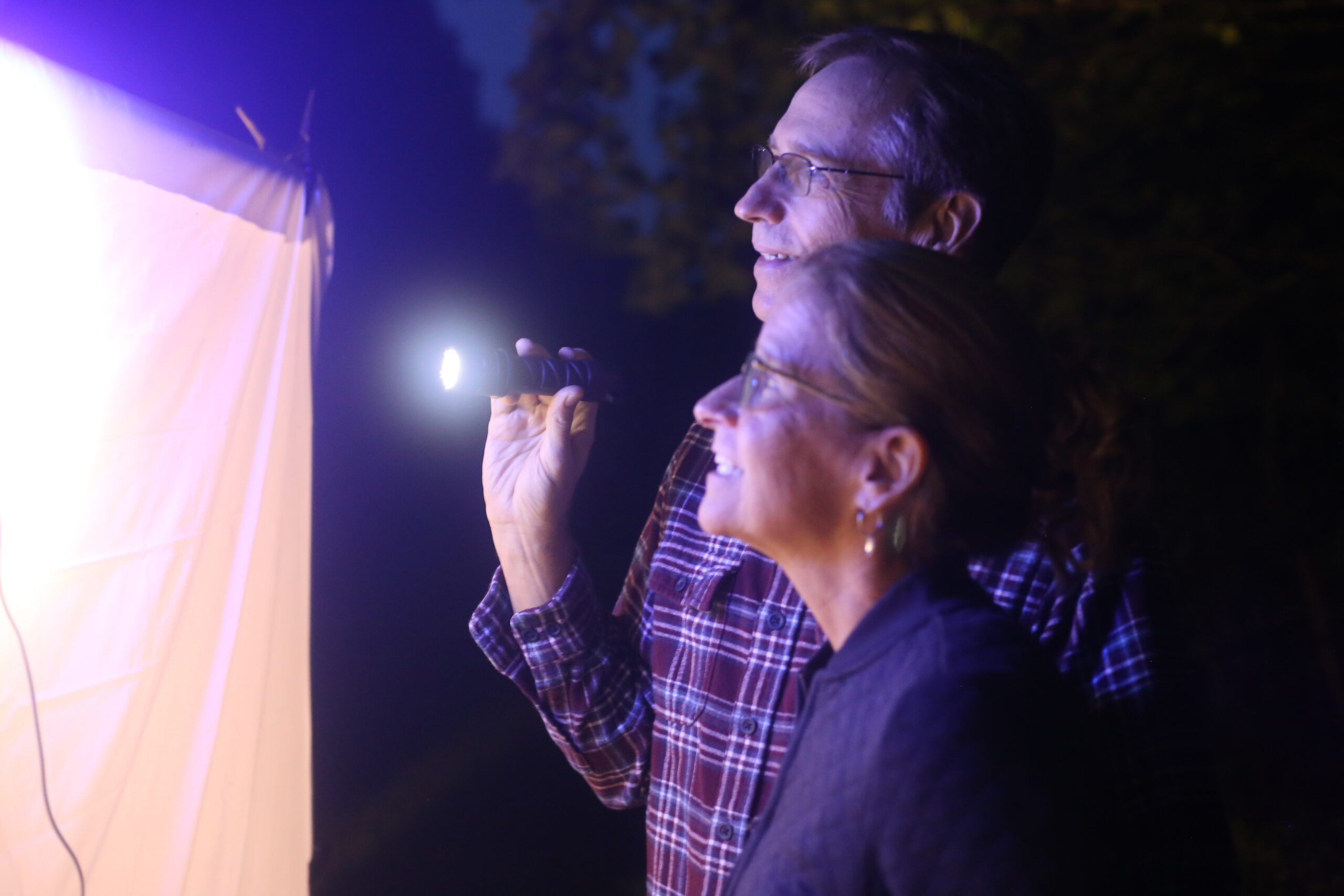 Drawn to the light: Exploring moths at Brumley Nature Preserve May2025 Moth Night attendees looking at sheet Brumley South 2 scaled