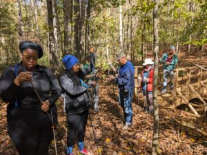 Oct21 Group of hikers by bridge with poles WildIdeas BrumleyS 2