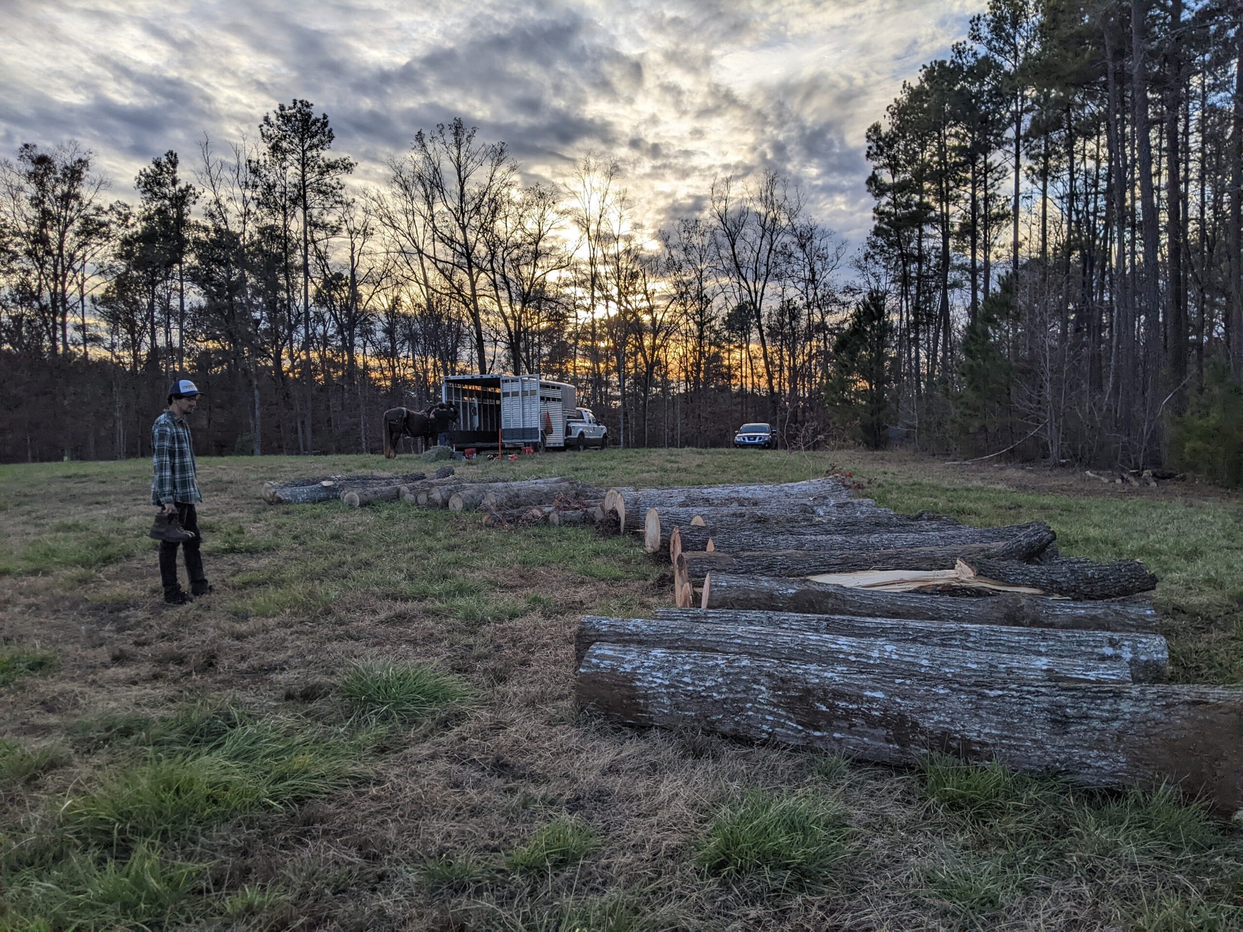 A man standing near a group of logs in a field.